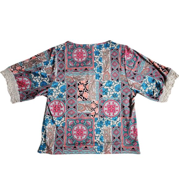 Sunny Leigh Pink Teal Multi Color Boho Patchwork Bandana Print Top sz S - Picture 2 of 10